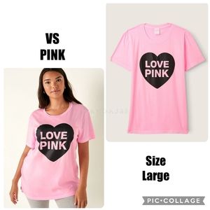 VS PINK Sweet Rosette Pink Originals Short Sleeve Campus Tee Oversized Large NEW